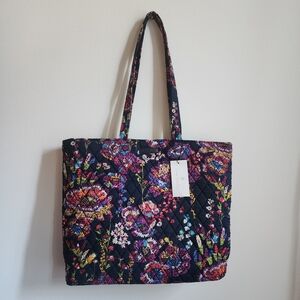Vera Bradley Dark Navy Quilted Shoulder Tote with Bright Multicolor Wildflowers